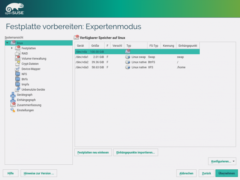 openSUSE Installation Festplatten Expertenmodus