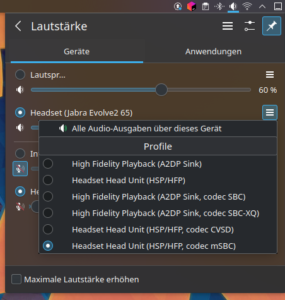 KDE Plasma Audioeinstellungen für das Jabra Evolve2 65