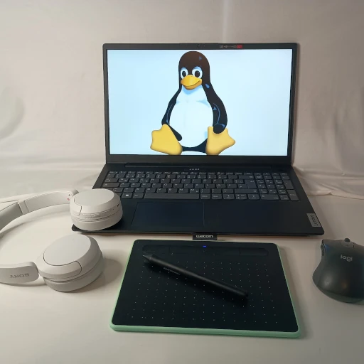 Ein heller Arbeitsplatz zeigt einen Laptop, auf dessen Bildschirm das Tux-Logo zu sehen ist. Links vom Laptop liegen Kopfhörer auf einem Grafiktablett. Eine schwarze Computermaus befindet sich rechts des Tablets.